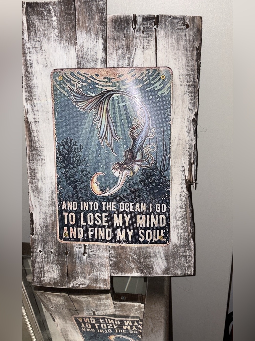 Sea Mermaid Wall Art Sign in Teal and White Mounted on Cape Cod Driftwood